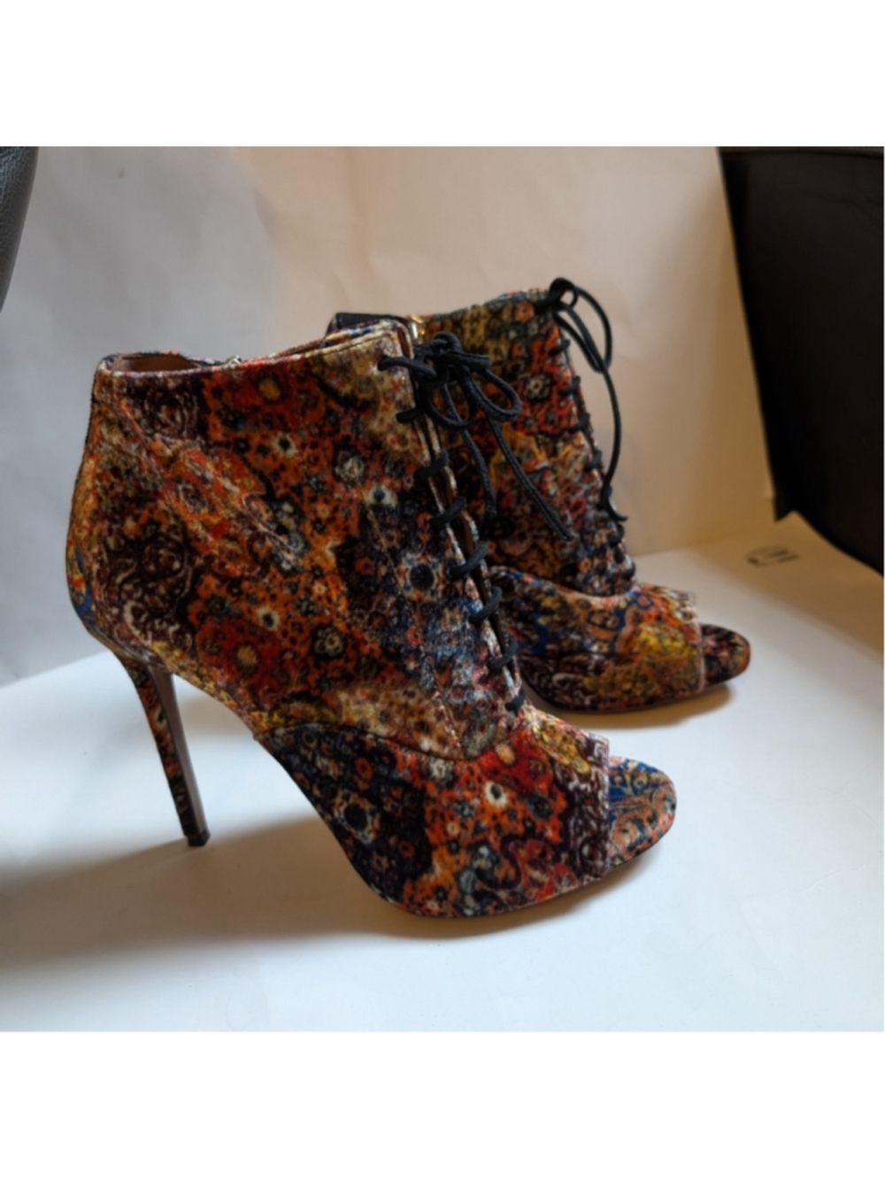 Tabitha Simmons Multicolor Floral Lace up Peep Toe High Heel Booties Size 41 New